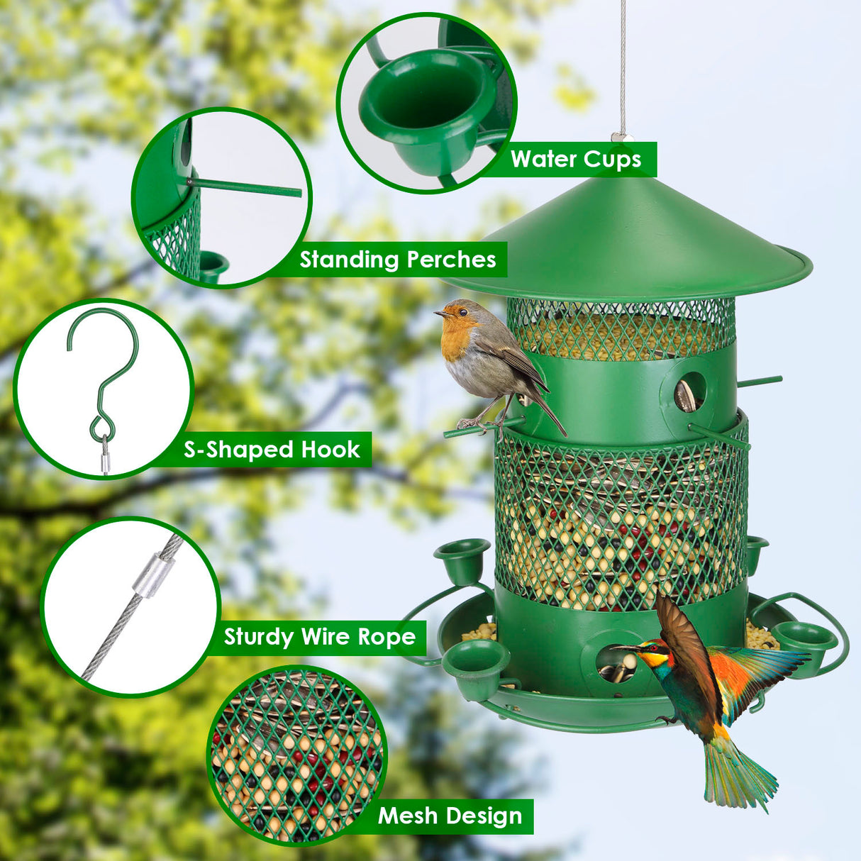 1Pc Wild Bird Feeder Squirrel-Proof Chew-Proof Metal Bird Seed Feeder Outdoor Hanging Bird Feeder With 360 Degree Circular Perches Water Cups For Yard Garden Patio