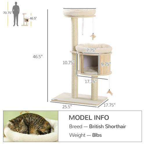 PawHut 3 Level Cat Tree With Sisal Scratching Posts Cat Badminton Toy For Playing Soft Cushions Play Areas