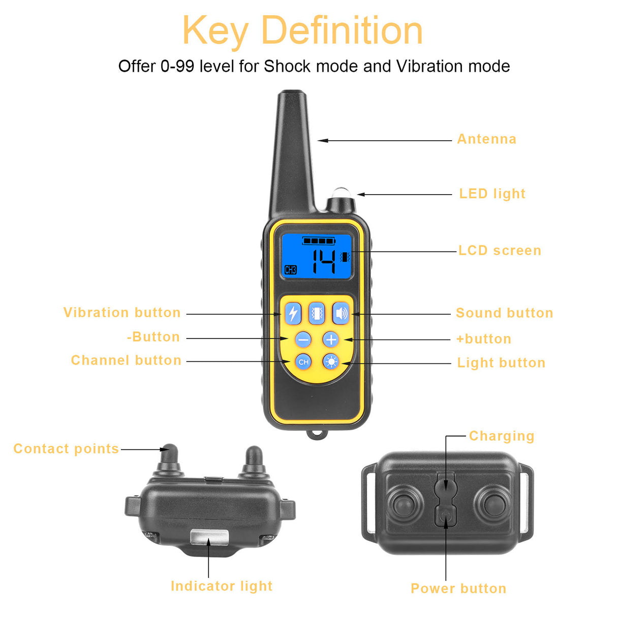 1Pc Dog Training Collar With Remote IP67 Waterproof Pet Trainer 300mAh Rechargeable 875 Yard Remote Control 4 Modes Adjustable Level