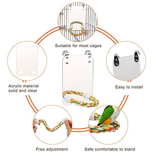 AHIER 7 Inch Bird Mirror with Rope Perch, Bird Toys Swing Parrot Grinding Stone with Bell for Parakeet Cockatoo Cockatiel Lovebirds Canaries
