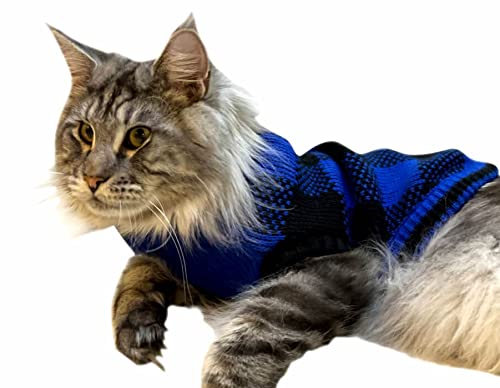 Blue Black Plaid Holiday Festive Turtleneck Pet Sweater for Small Dogs, Cat Warm Coat Apparel, Winter Knitwear Pet Clothes for Cold Weather Small (S) 12" Back Length