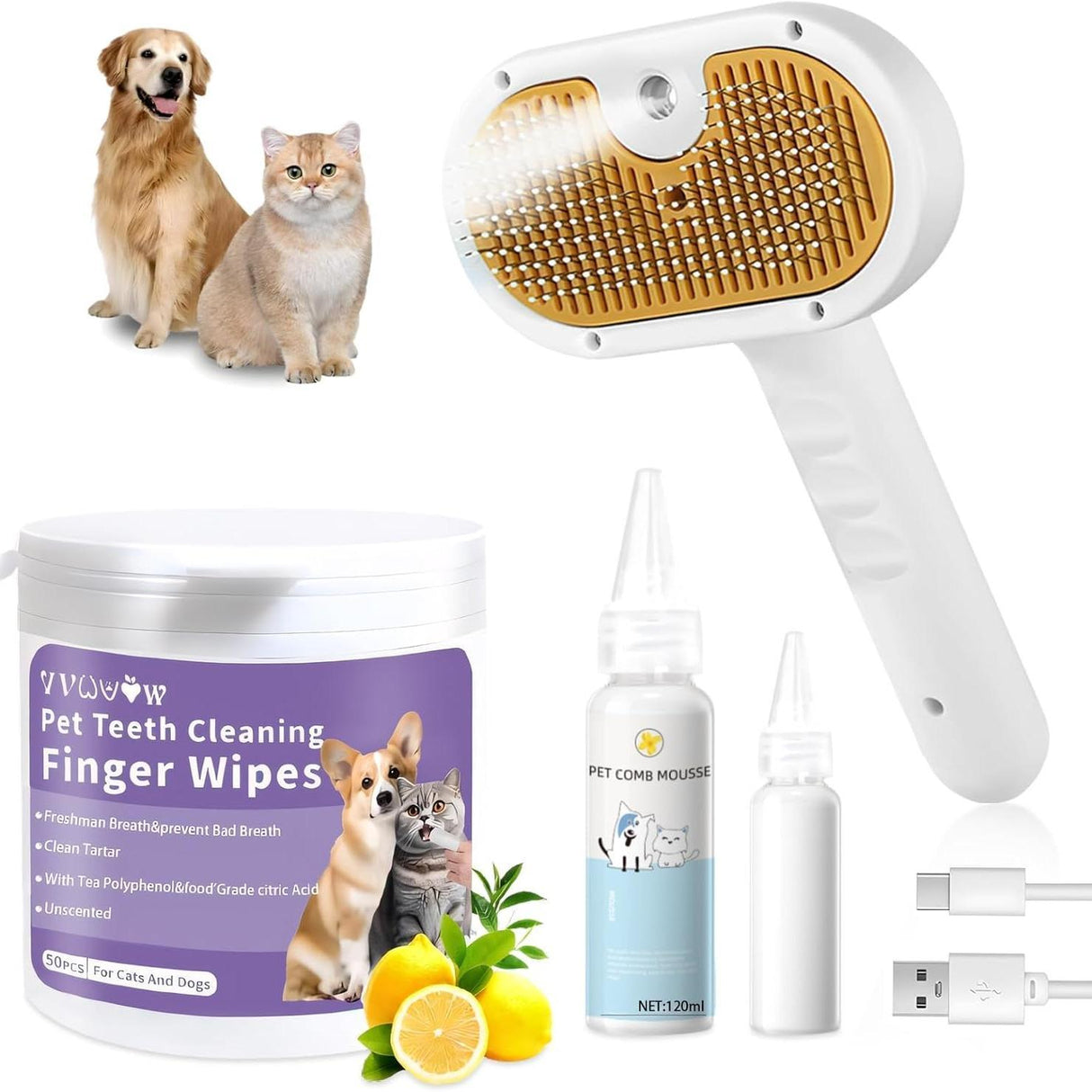 Universal Pet Steam Brush For Cats And Dogs 3-in-1 Spray Hair Removal Comb With Waterless Shampoo And Ear Towel,Tiktok, Amazon, Walmart Banned