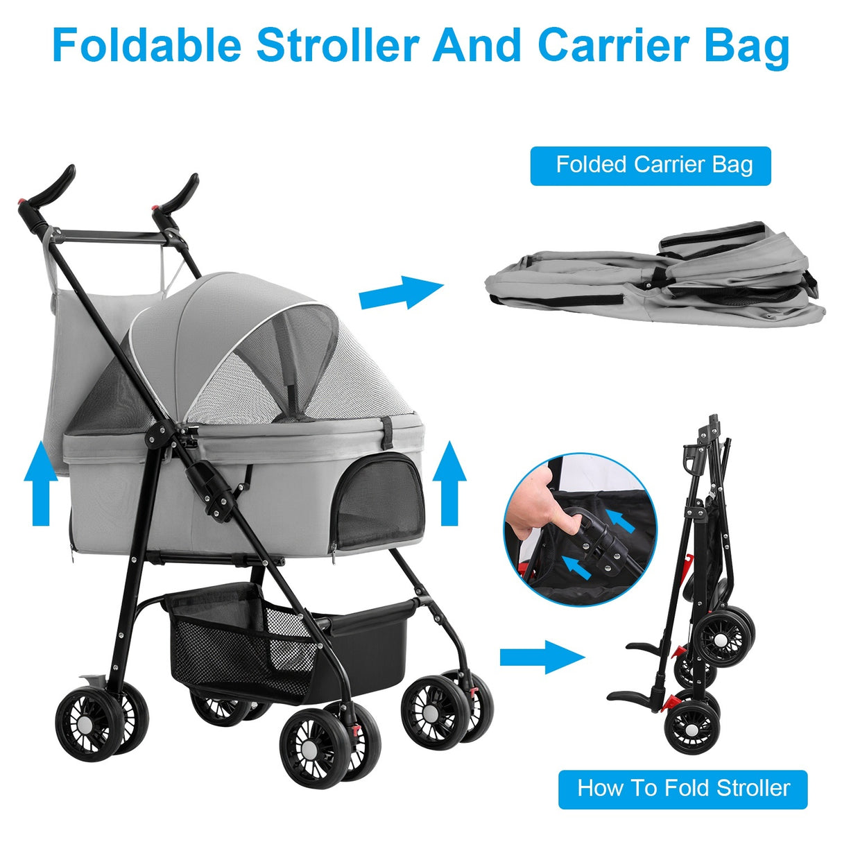 1Pc 4-Wheels Pet Stroller Foldable Carrier Strolling Cart Travel Jogger Pet Stroller With Removable Liner Storage Basket For Dog Cat