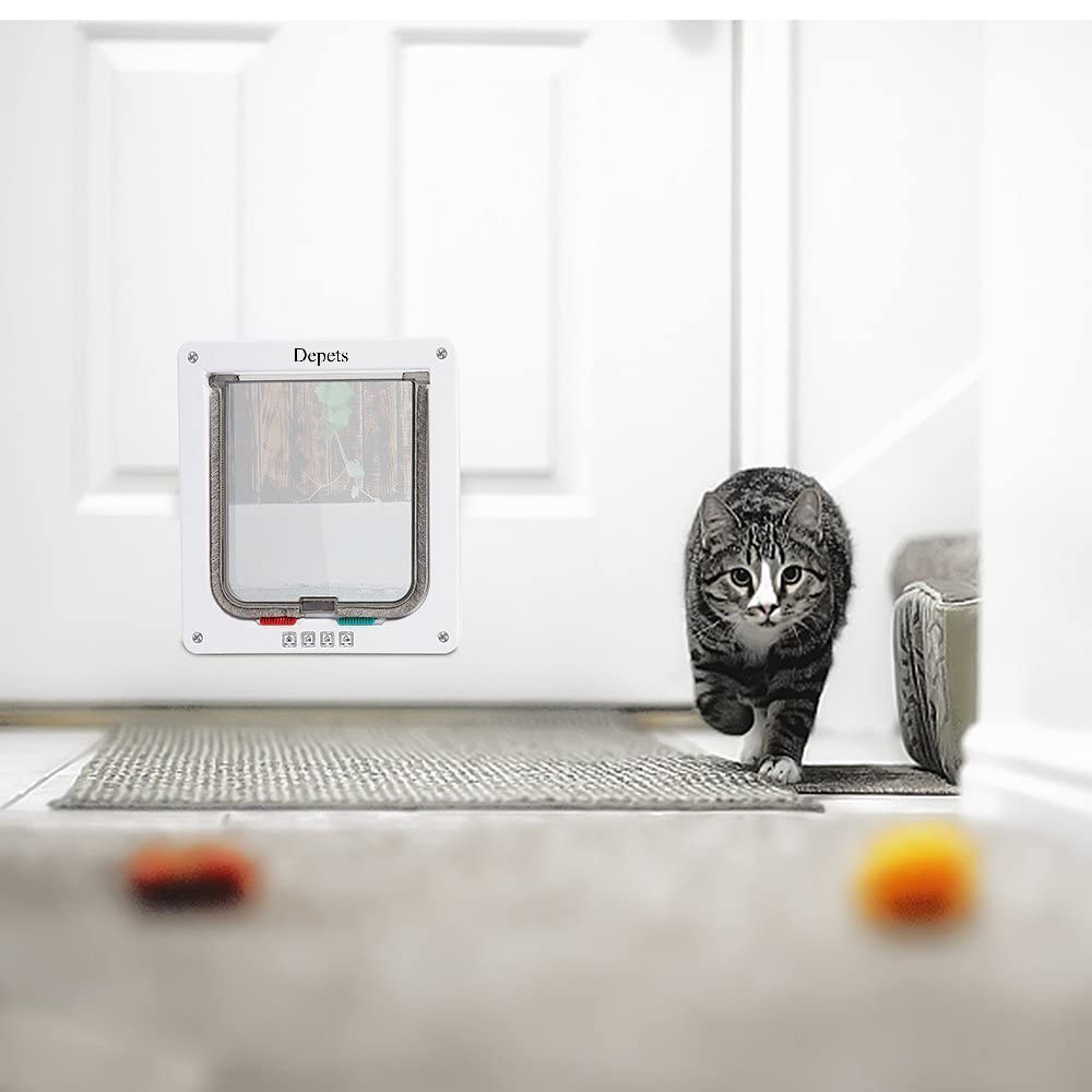 Depets Medium Cat Flap Door with 4 Way Lock (Outer Size 7.5" x 7.8"), Magnetic Pet Door Kit White, Weather-Resistant Cat Door for Cats & Doggy