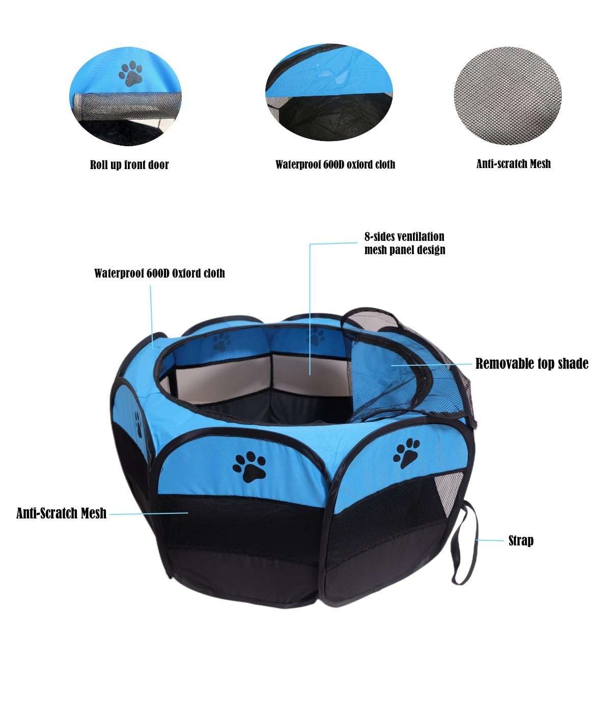 MEHONGCAN Portable Pet Playpen,Foldable Dog Playpen for Dogs and Cats,Rabbits,Pet Exercise Pet Tents Indoor Outdoor Use (S(28.7" x 28.7" x 16"), Blue)