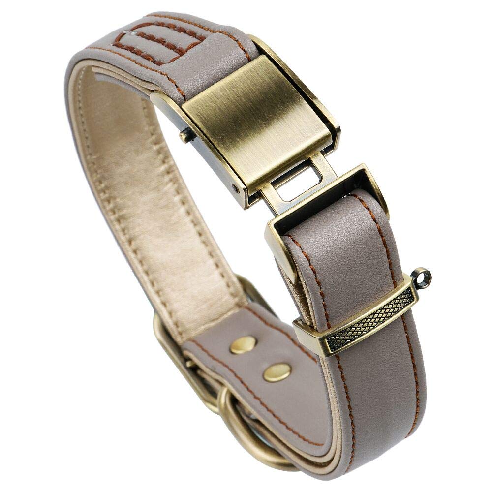 chede Basic Classic Luxury Padded Leather Dog Collar,The Seatbelt Buckle,for Large Medium Small Pets (M, Khaki)
