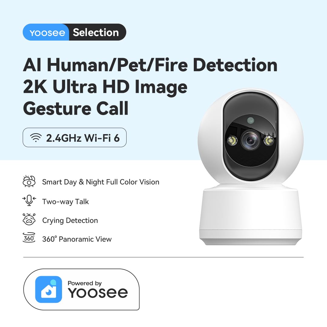2K AI Security Camera Indoor, Baby Monitor Pet Camera 360° for Home Security, 2.4/5GHz Wi-Fi 6, 2-Way Audio, Smart Motion Tracking, IR Night Vision, Fire Detection, Cloud Storage C10