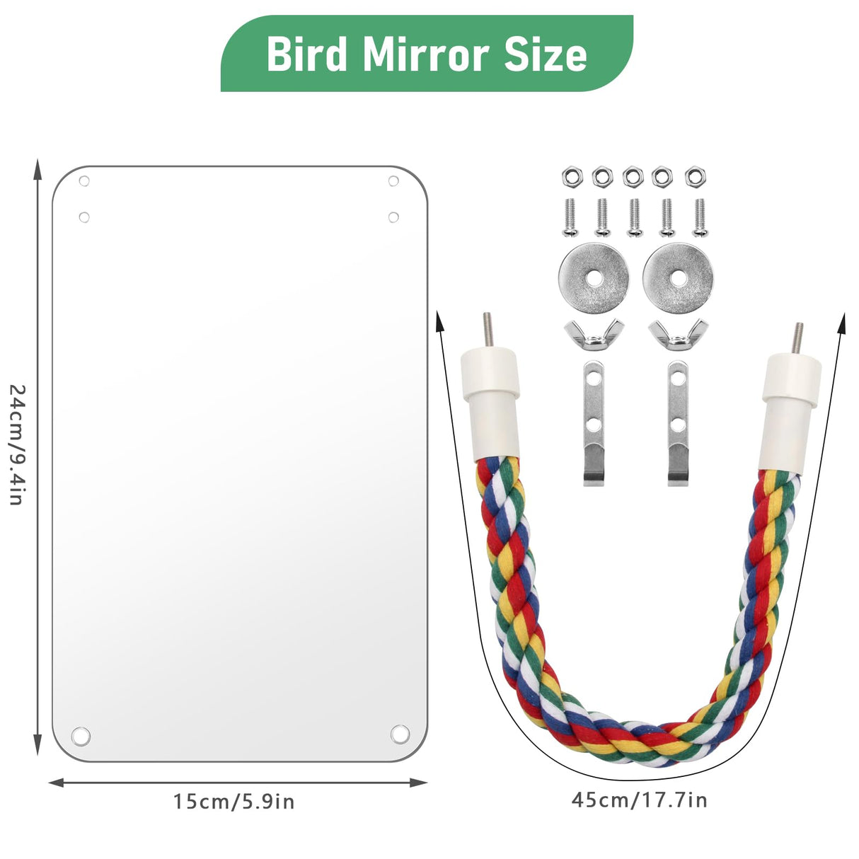 Coolrunner 9.4 Mirror for Bird Parrot and Cage, White, With Rope