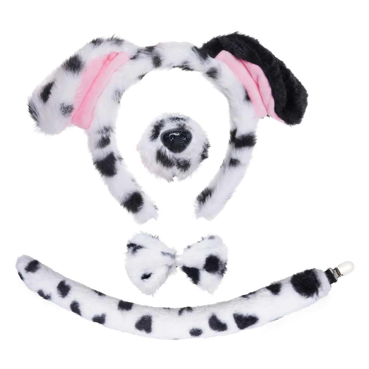 Jmkcoz 4 Pcs Dalmatian Dog Costume Set Dalmatian Puppy Dog Ears Headband Tail Nose Bow Tie for Halloween Animal Cosplay Party (White & Black)