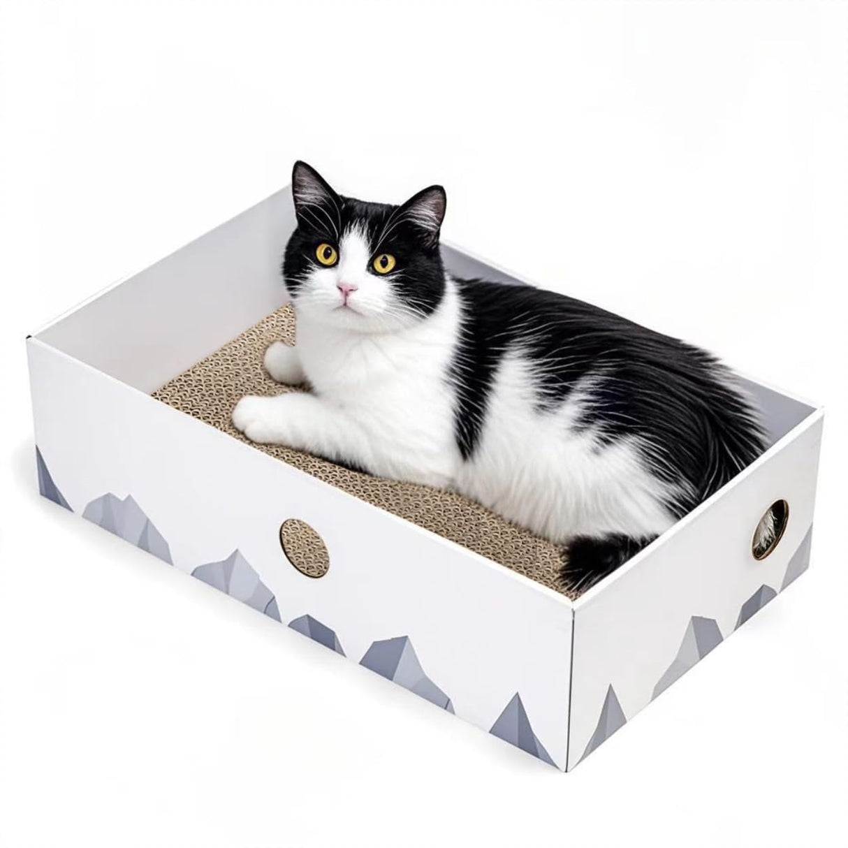Conlun Cat Scratcher Box with Heavy-Duty Double-Sided Cardboard Pad, Cardboard Lounger, Interactive Hole Design, Cat Bed for Indoor Cats, White, Large