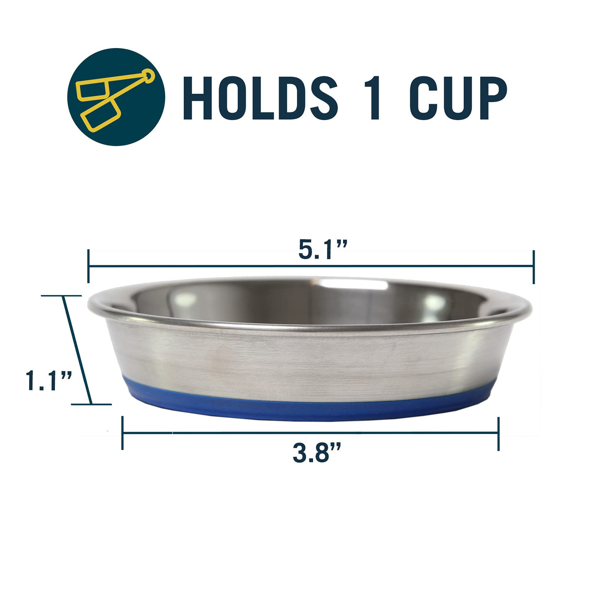 Our Pets DuraPet Stainless Steel Non-Slip (Cat Food Bowl or Water Bowl) (Holds up to 1 Cup of Wet or Dry Food) Easy to Clean