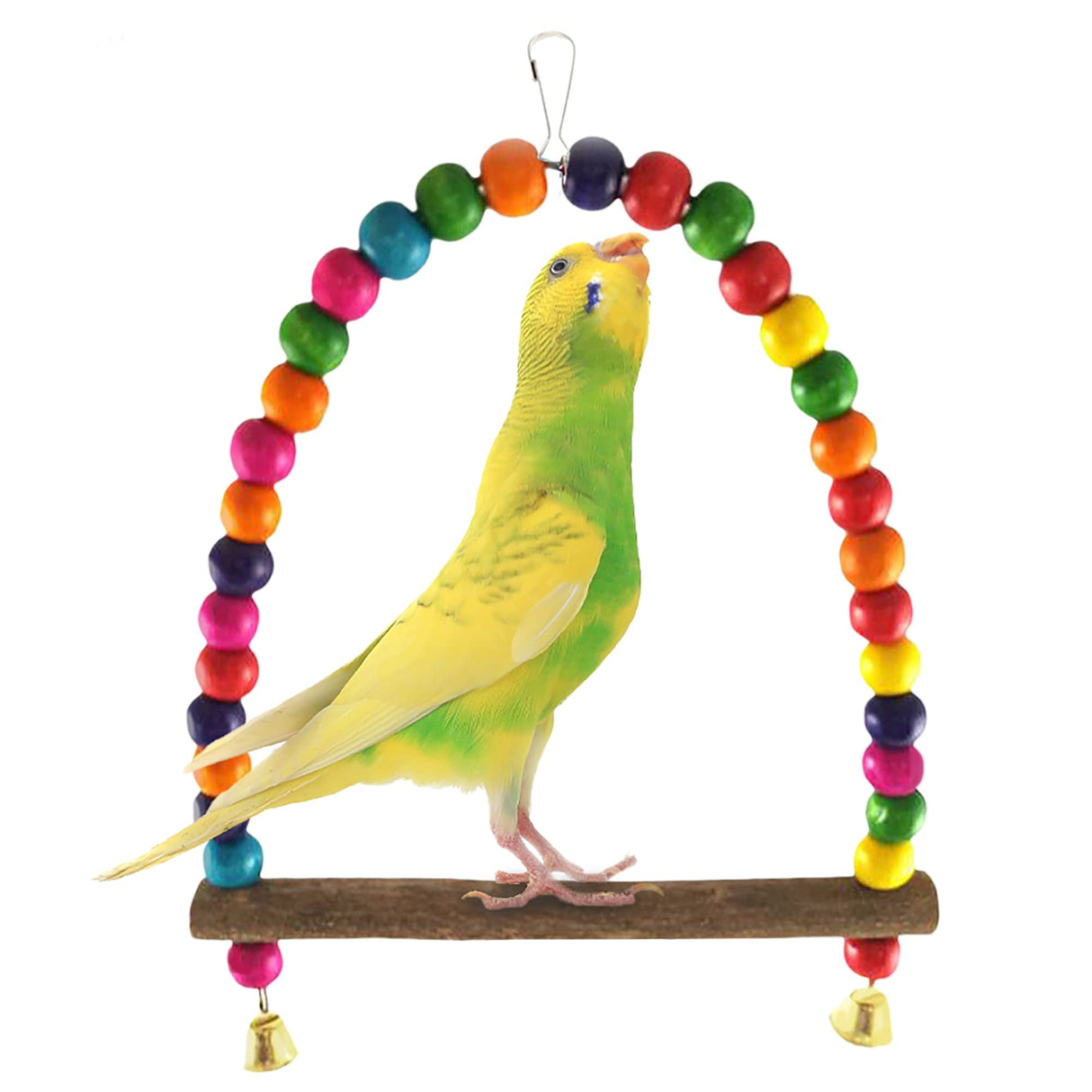 SunGrow Colorful Parakeet Swing Toy with Bells, Cockatiel, Lovebird & Budgie Wooden Perch Stand, 8.5x6 Inches, Sturdy Rocking Gym, Small Bird Cage Accessories to Balance, Exercise & Training