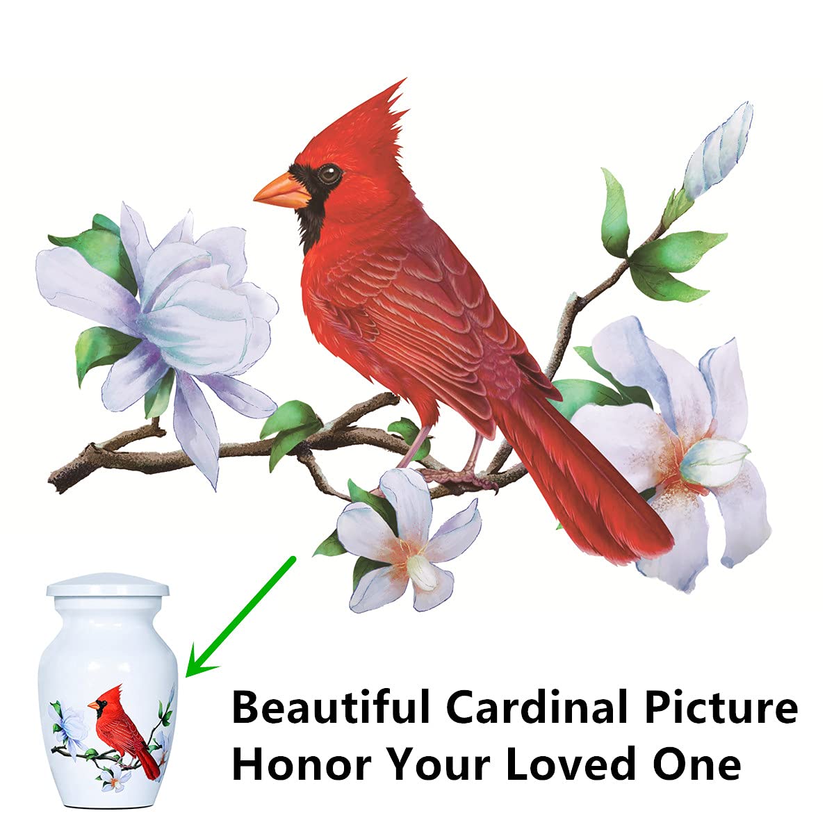 ICOKEE Red Cardinal Bird Small Keepsake Urn for Human Ashes or Pet Ashes - Aluminum Mini Cremation Urn for Ashes - White Memorial Ashes Holder - Qty 1- with Velvet Bag