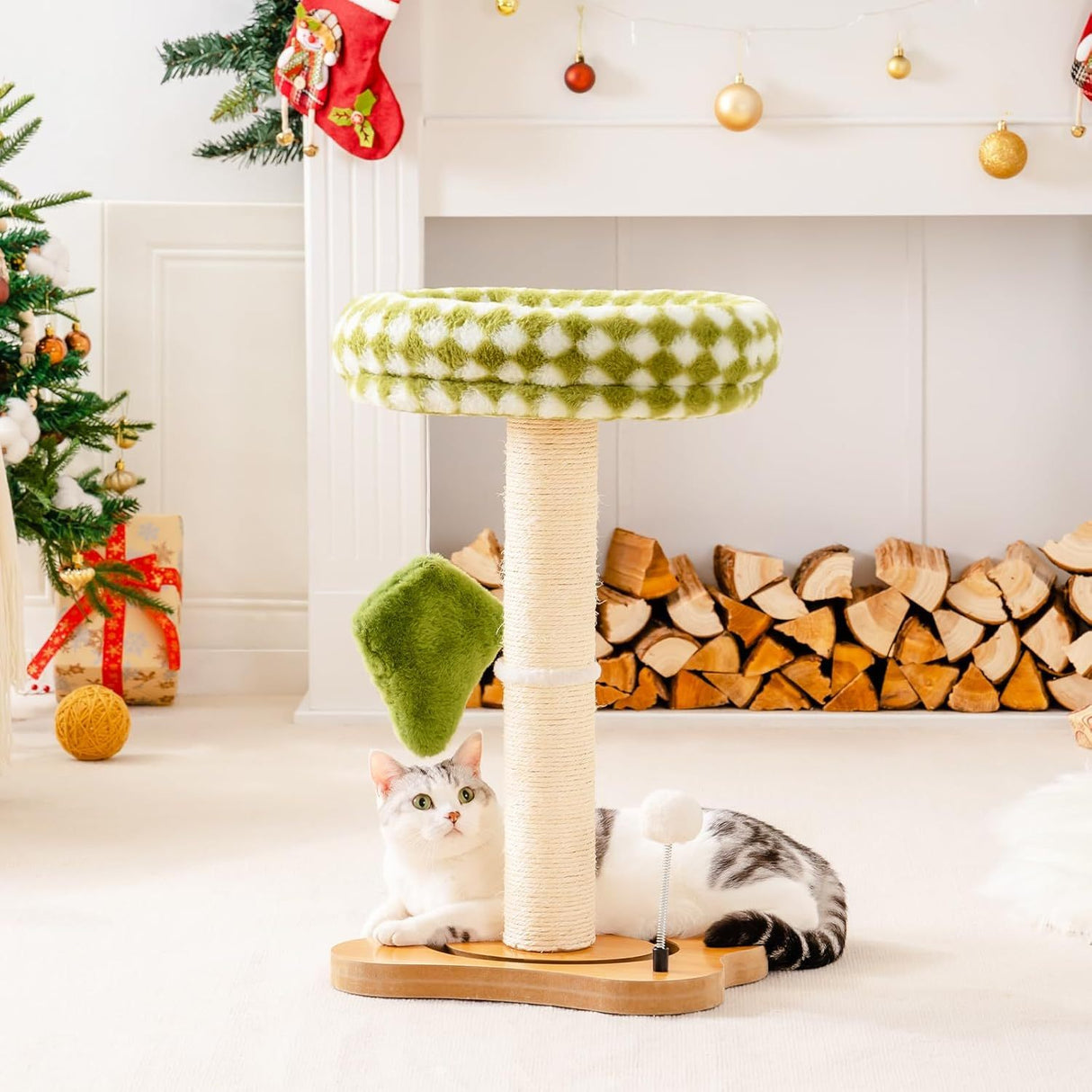 Mewoo Cat Scratching Post & Bed - 2-in-1 Small Cat Tower With Sisal Scratcher And Ball Track Toys Green, Medium
