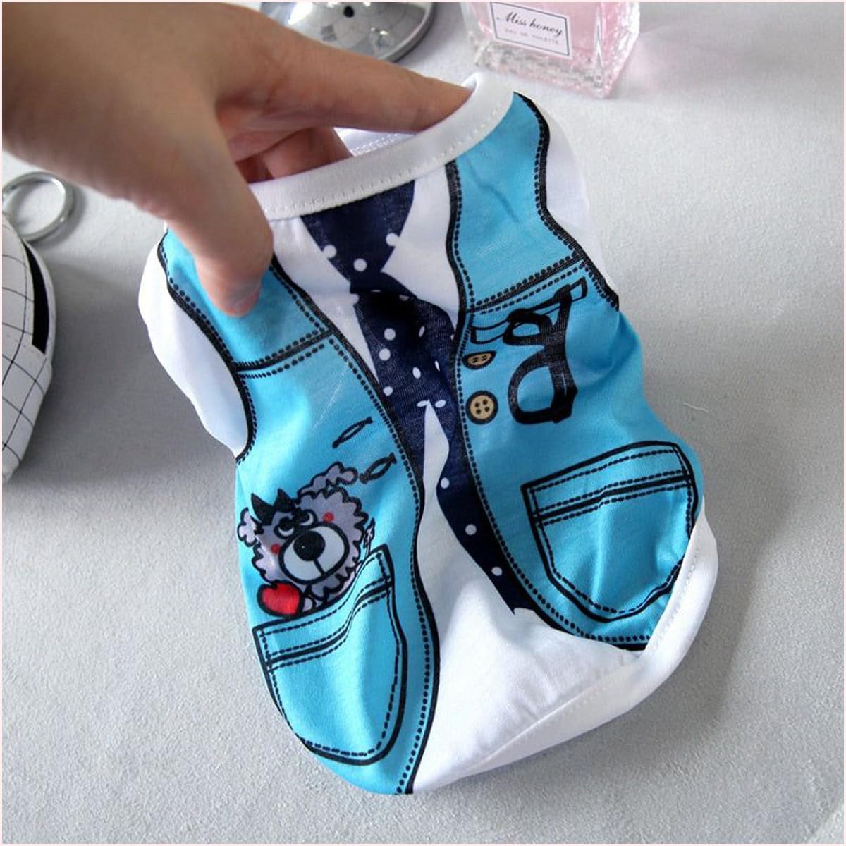 Vavious Cat Outfit Dog Summer Shirt Blue Faux Tie Print Pet T Shirt Cooling Sleeveless Pet Apparel for Small Medium Doggy Puppy Breathable Cozy Pullover X-Small