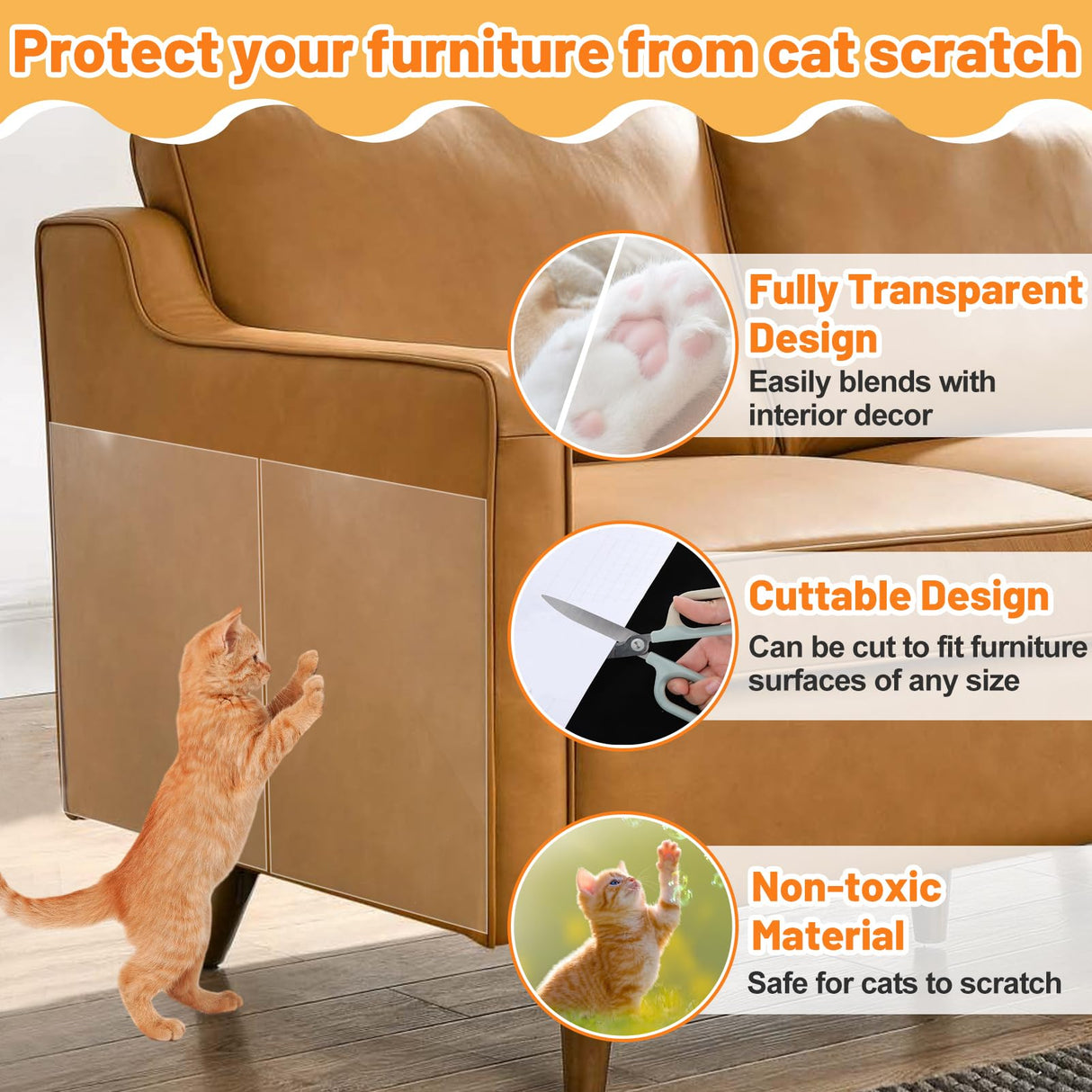 Cat Scratch Furniture Protector - Specially Designed for Leather Furniture, Easy to Remove Anti-Scratch Couch Protector from Cat, No Pins, 8 Pack