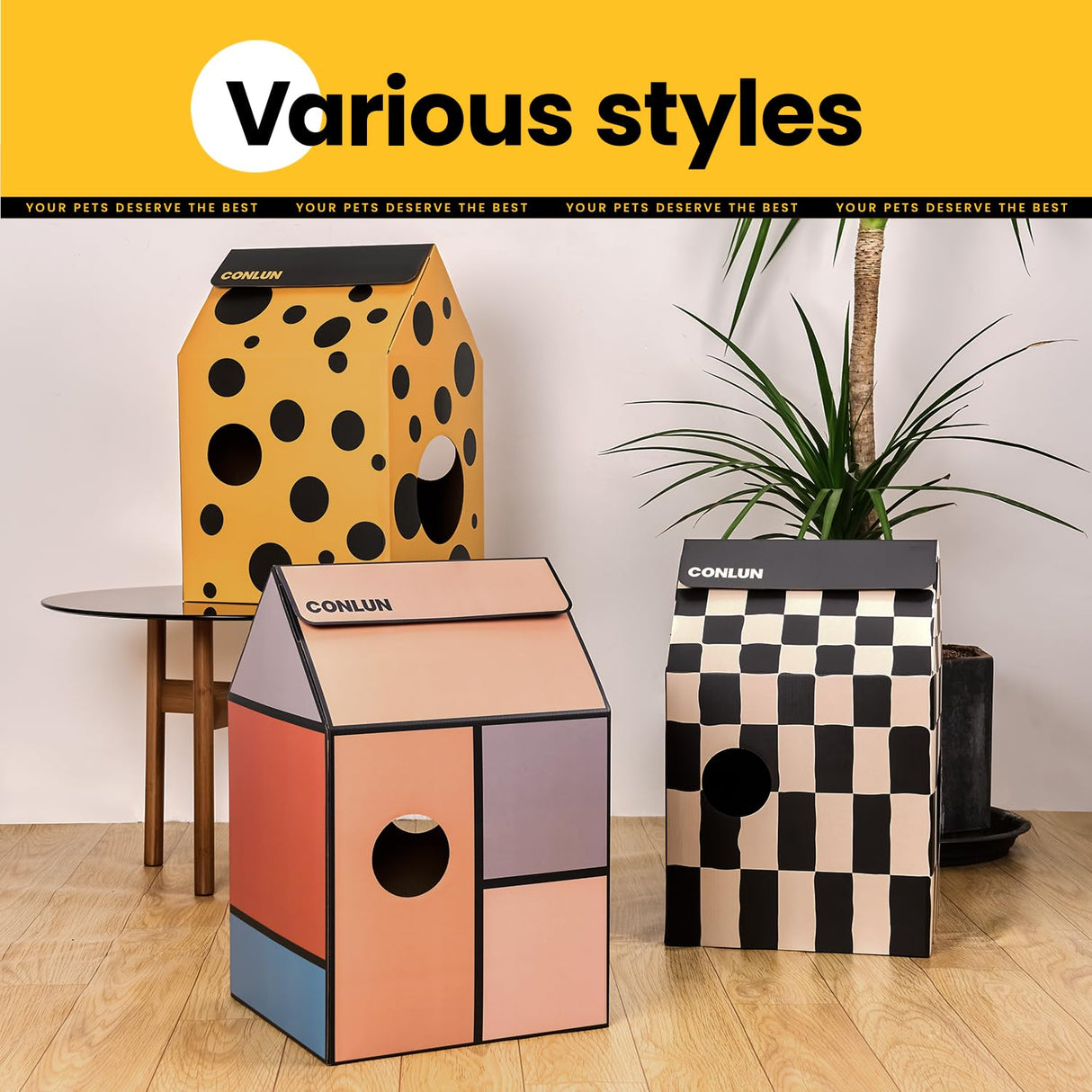 Conlun Cardboard Cat House with Scratch Pad & Catnip, Cat Play Scratching House for Indoor Hideaway Furniture, Heavy Duty Sturdy Cardboard Scratcher, Easy to Assemble Birthday Gift