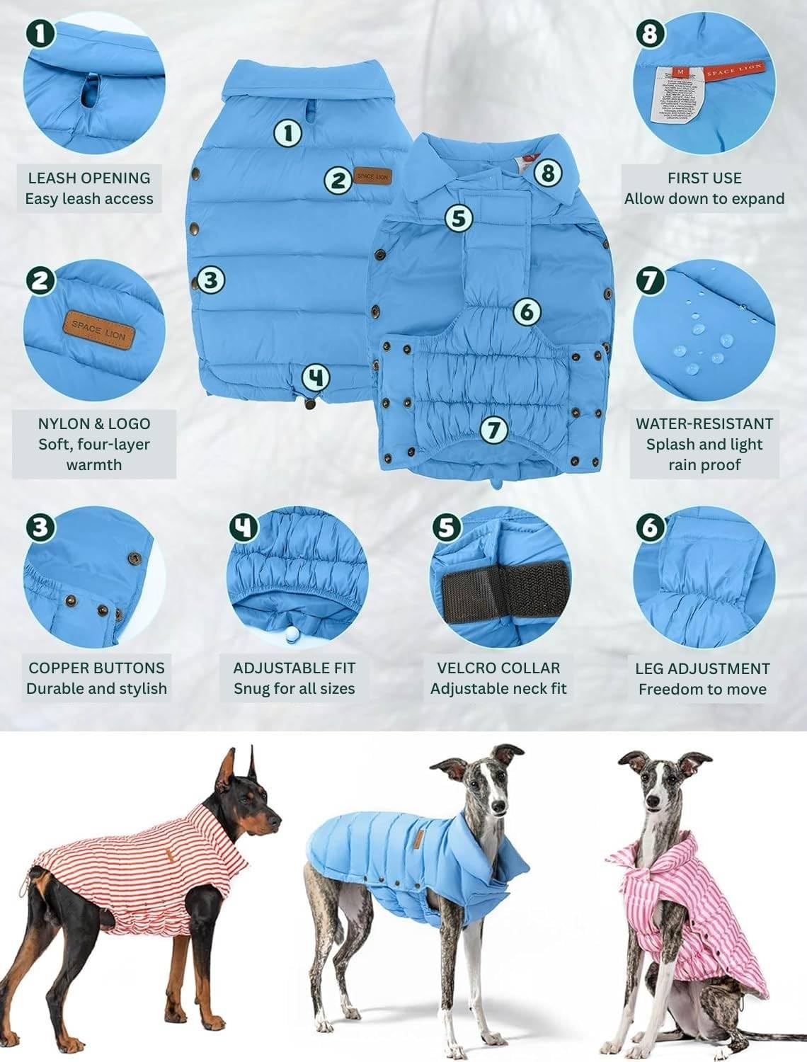 SPACE LION Dog Puffer Jacket, Down Winter Coat, Durable Outdoor Coat for Cold and Windy Conditions, Waterproof, Lightweight Jacket, Adjustable Fit for Small, Medium, Large Dogs(Blue,10/S)