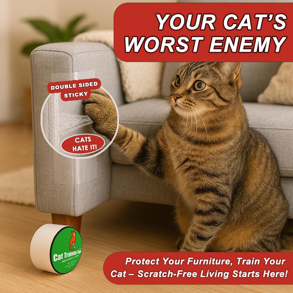 Anti-Scratch Tape for Furniture - Stop Cats from Scratching Couch, Chair Corners, Door Frames, Countertops, and Carpets, Clear Double-Sided Cat Training Tape, 2.5" x 16 Yards Roll