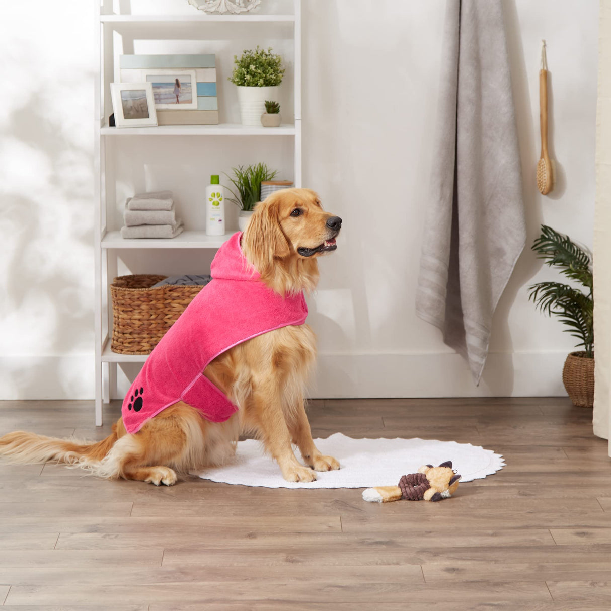 Bone Dry Pet Robe Collection, Embroidered Absorbent Microfiber Bath Robe with Adjustable Closure, for Dogs & Cats, Large, Raspberry Sorbet