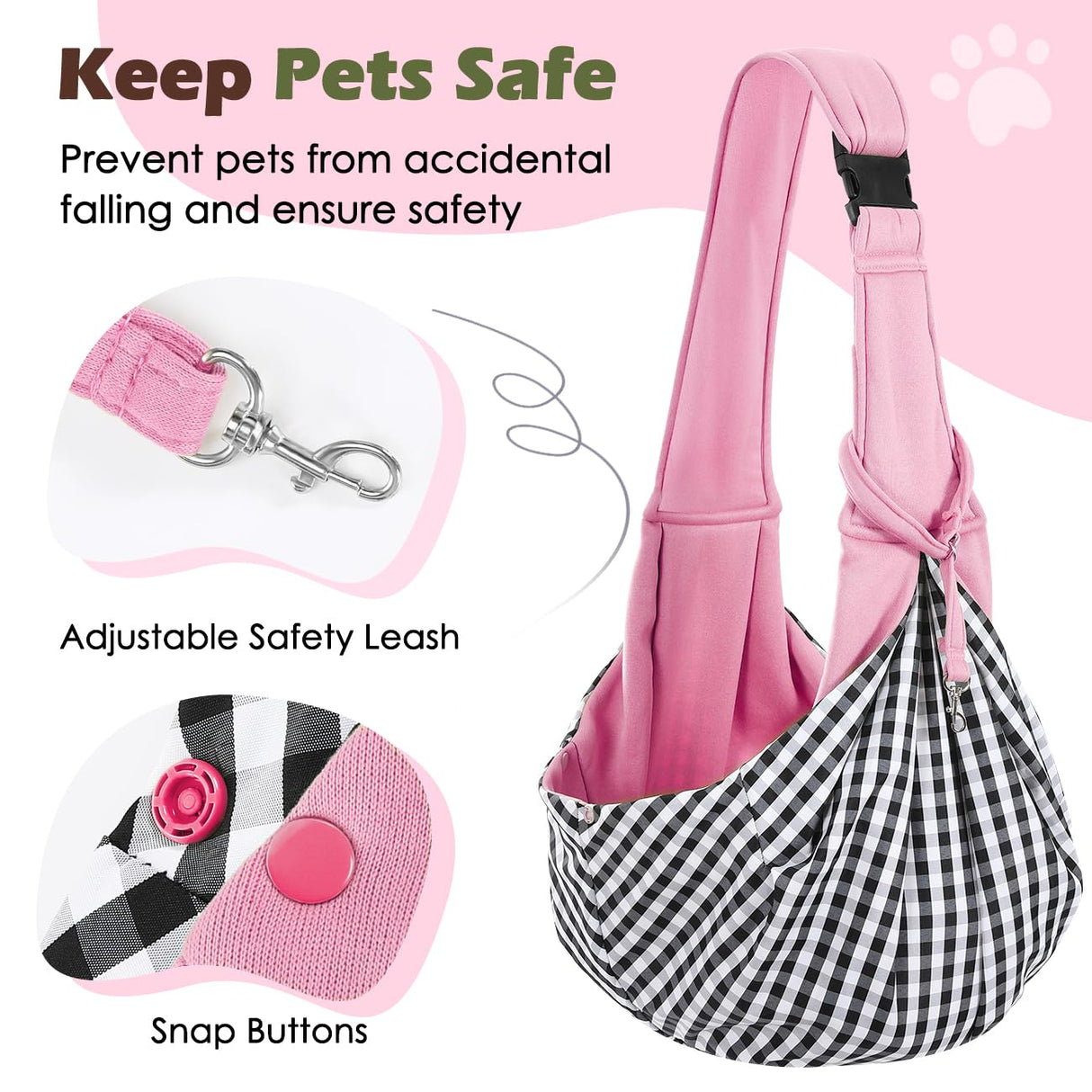 Pawaboo Small Dog Sling Carrier, Reversible Hands Free Dog Sling Carrier for Small Dogs Cats, Puppy Sling Carrier with Adjustable Strap Buckle & Safety Harness, Puppy Essentials, Pink