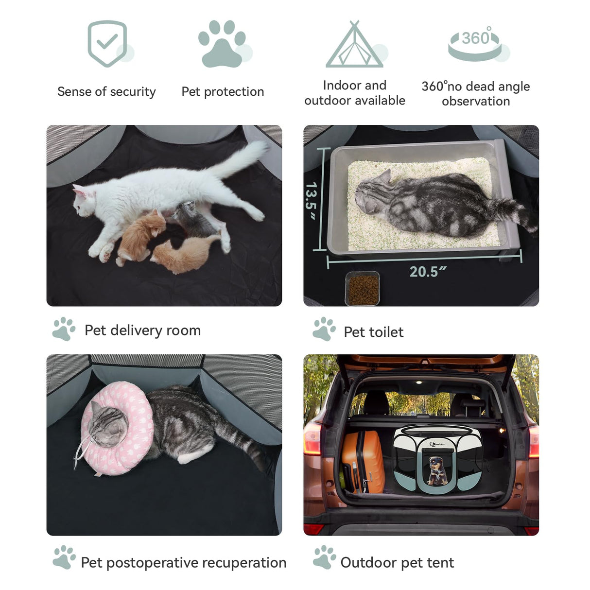 Siedihit Dog Cat Playpen, Puppy Pet Playpen Indoor for Small Dogs Tent Crates Cage Outdoor, Portable Pop Up Dog Kennel Playpen with Carrying Case for Dogs/Cats/Rabbits, Removable Zipper Top, Grey