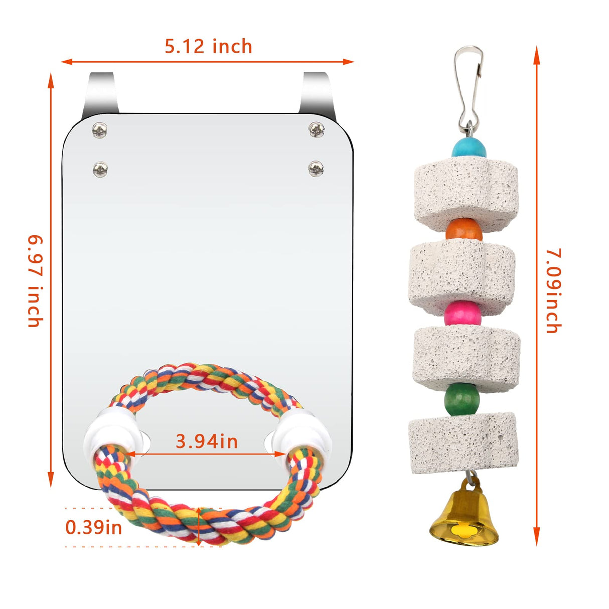 Catcan Bird Cage Mirror, Bird Mirror with Perch Rope for Cage Cockatiels Cotton Rope Standing Bar Parrot Mirror with Parrot Molar Toy Pendant