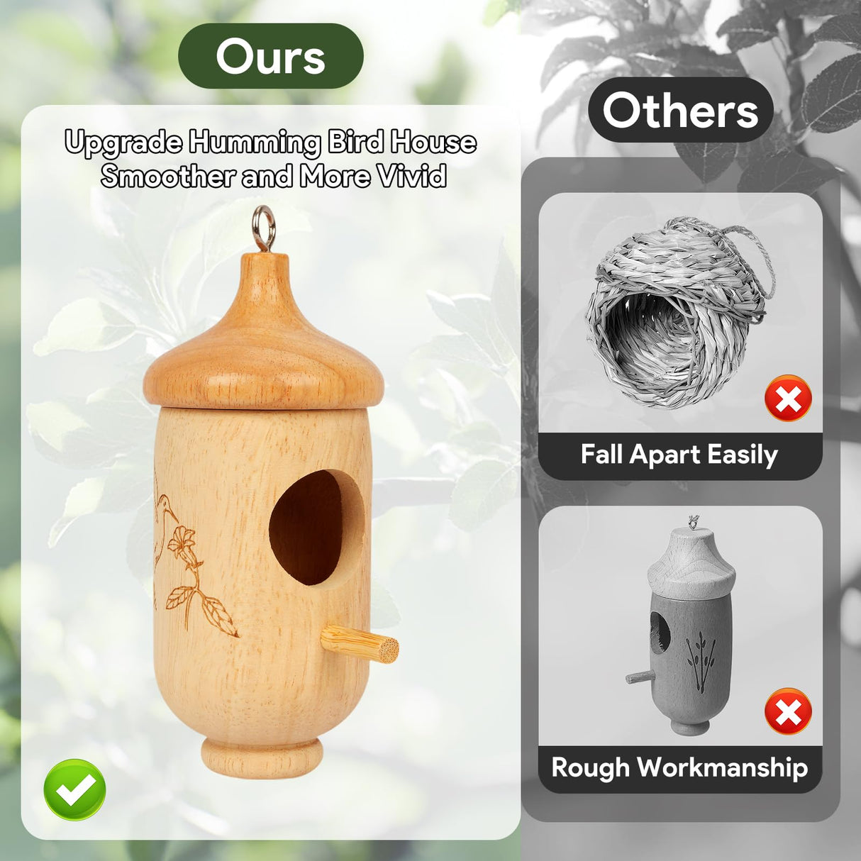 Hummingbird House, Wooden Hummingbird Houses for Outside Hanging, Nest Swinging, Wooden Bird Houses with Cotton, Bow, String, Gardening Gifts Decoration (1 Pack)