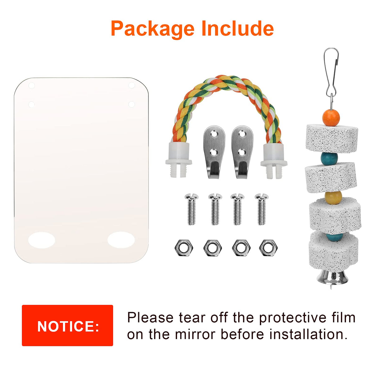 AHIER 7 Inch Bird Mirror with Rope Perch, Bird Toys Swing Parrot Grinding Stone with Bell for Parakeet Cockatoo Cockatiel Lovebirds Canaries