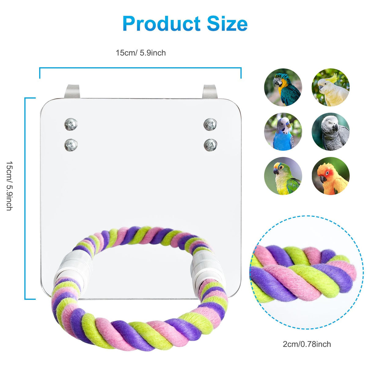 LOPERDEVE 5.9" Bird Mirror with Rope Perch Bird Toys Swing, Comfy Perch for Greys Amazons Parakeet Cockatiel Conure Lovebirds Finch Canaries