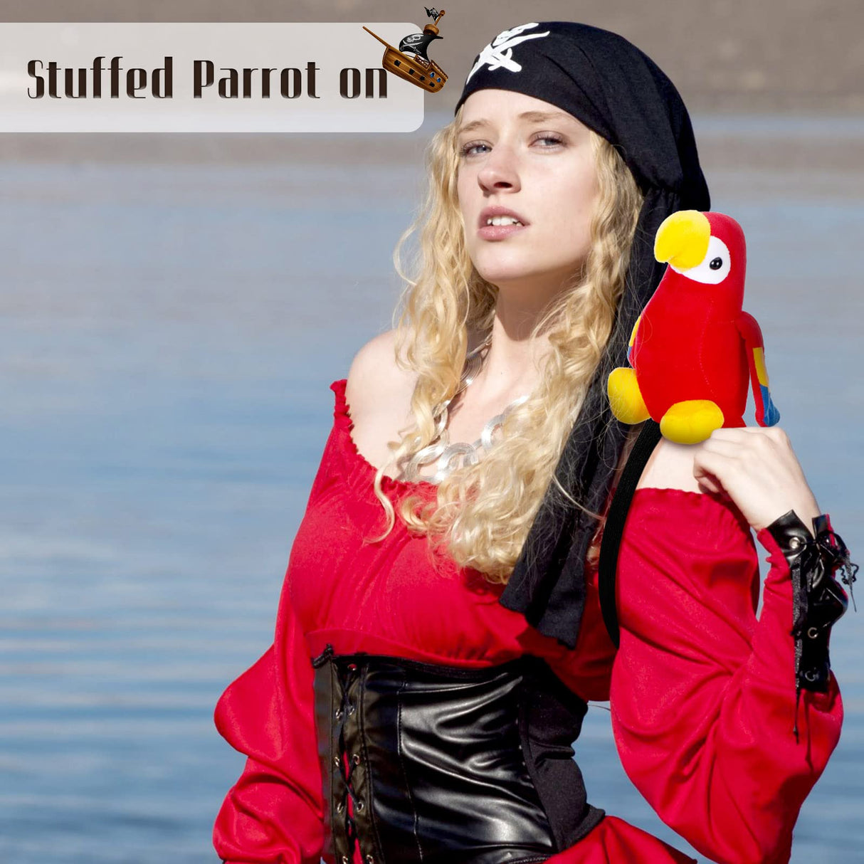 Funtery Halloween Stuffed Pirate Parrot on Shoulder Halloween Pirate Party Costume Plush Parrot Toys Accessory(Red)