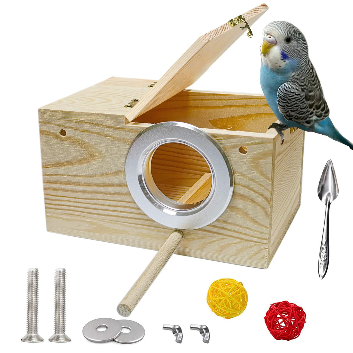 JSLZF Bird Nest, Parakeet Nest Box, Bird Breeding Box with Perch, Wood Budgie Nest Box for Bird, Parrot, Lovebirds, Parrotlet, Finch, Sparrow 7.8” x 4.7” x 4.7”