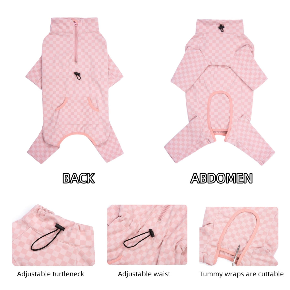 Dog Fleece Onesie for Cold Winter, Stretchy Dog Winter Bodysuit Adjustable Puppies Jumpsuit Doggie Pajamas Pet Clothes, Pink, 2X-Large