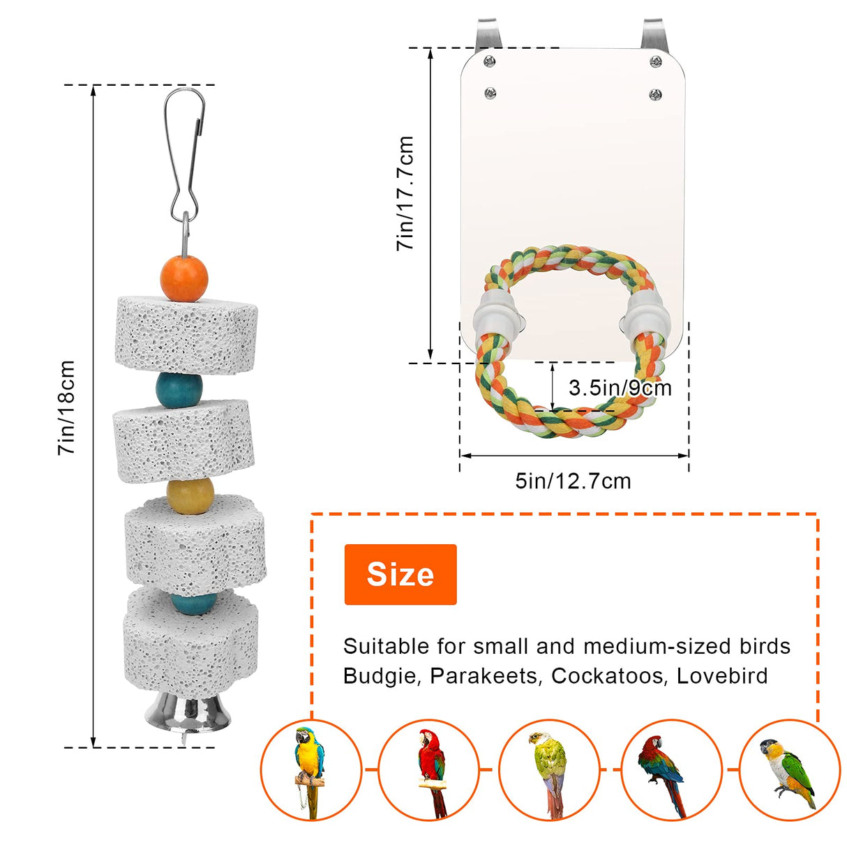 AHIER 7 Inch Bird Mirror with Rope Perch, Bird Toys Swing Parrot Grinding Stone with Bell for Parakeet Cockatoo Cockatiel Lovebirds Canaries