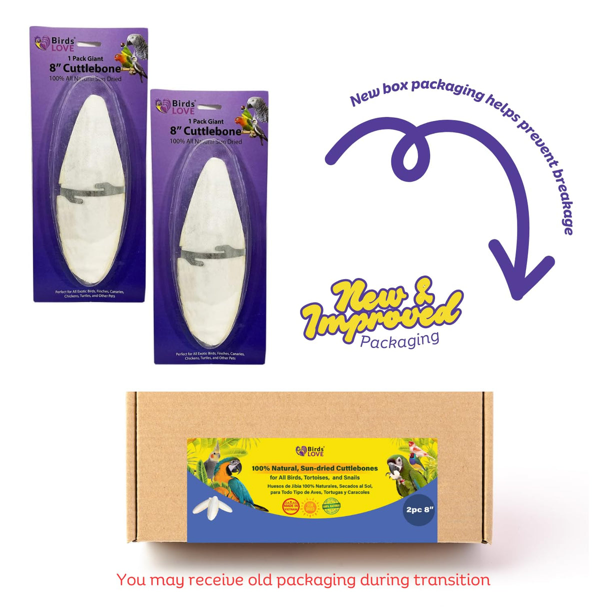 Birds LOVE 2 pc 7.5–8″ Sun-Dried Natural Cuttlebone Kit | 100 % Pure Calcium Supplement for Birds, Tortoises, Snails & Crabs | Beak & Shell Health with Metal Holder