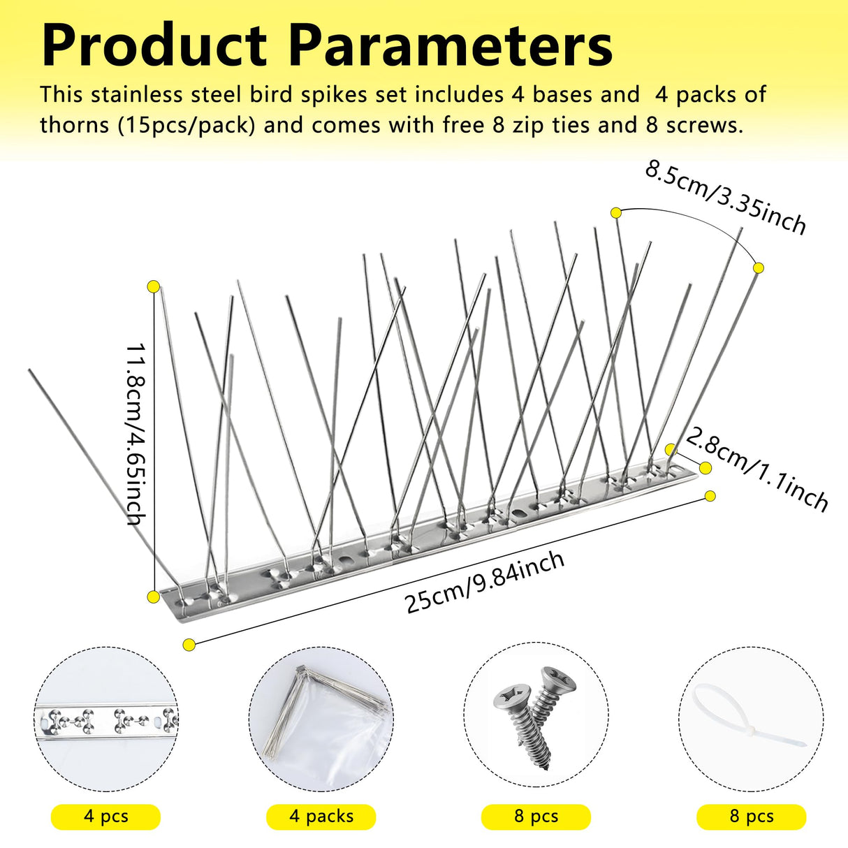 KOKMEYA Bird Spikes 3.28FT, 304 Stainless Steel Bird Deterrents Spikes for Outside to Keep Birds Away Birds Scare Devices Outdoor 4Pcs