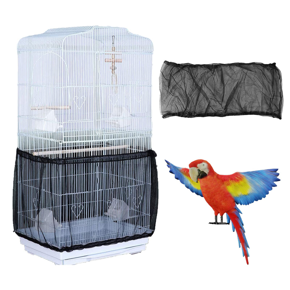 Bird Cage Seed Catcher, Airy Gauze Seeds Bird Cage Cover Guard Dust-Proof Universal Birdcage Accessories Parrot Bird Nylon Mesh Net Cover Stretchy Shell Skirt Traps Cage Basket (XL, Black)