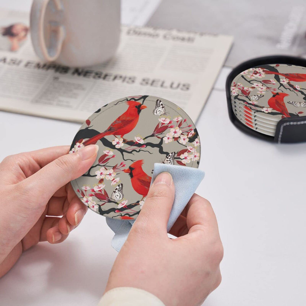 6 Pcs Leather Coasters for Drinks with Holder Red Birds Flowers Coaster Sets Drink Table Cup Coasters for Kitchen Coffee Decor