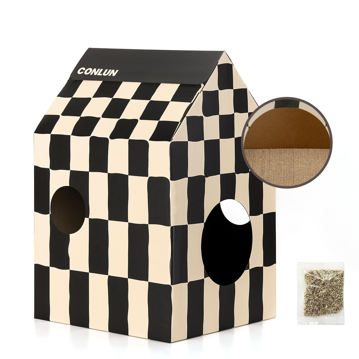 Conlun Cardboard Cat House with Scratch Pad & Catnip, Cat Play Scratching House for Indoor Hideaway Furniture, Heavy Duty Sturdy Cardboard Scratcher, Easy to Assemble Birthday Gift