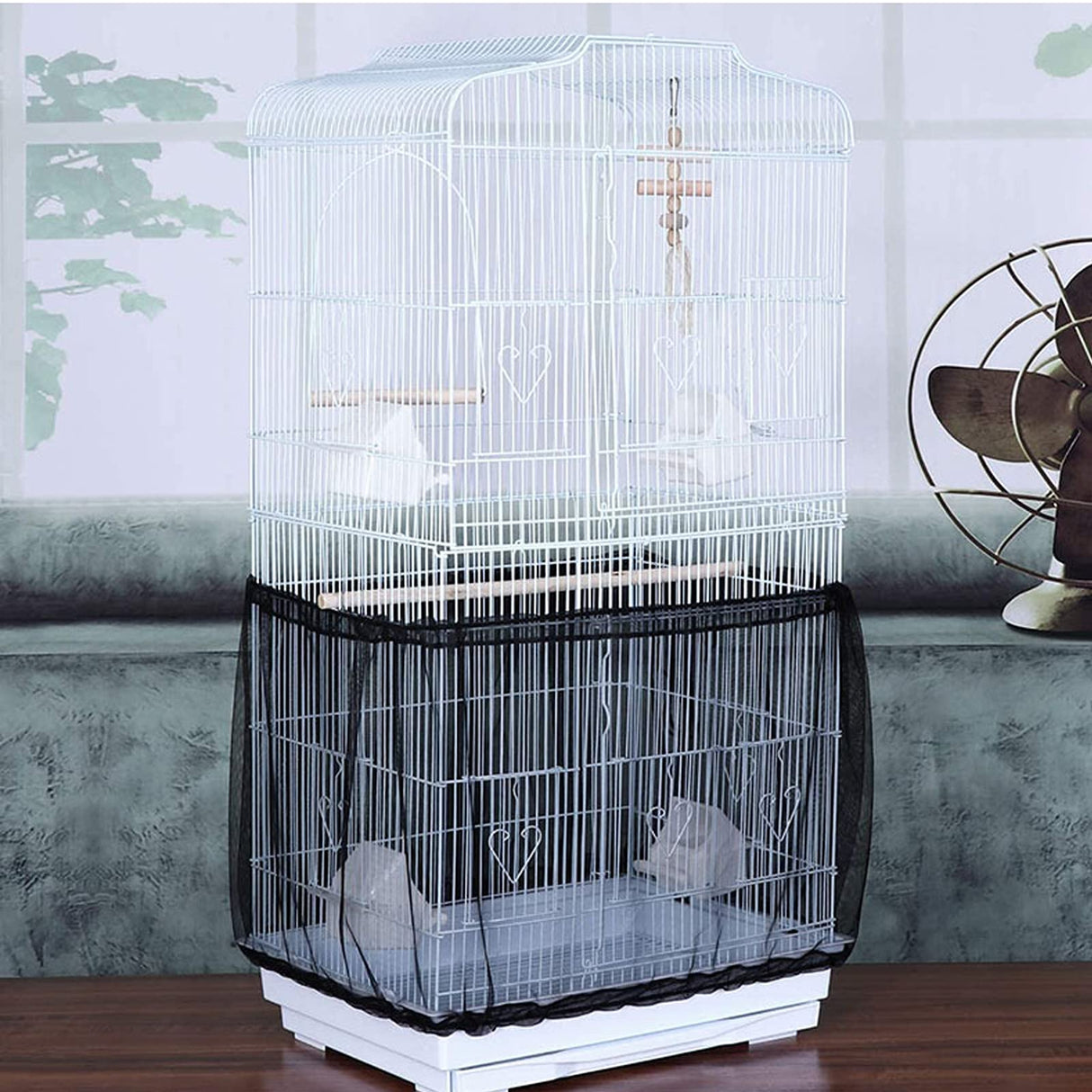 Bird Cage Seed Catcher, Airy Gauze Seeds Bird Cage Cover Guard Dust-Proof Universal Birdcage Accessories Parrot Bird Nylon Mesh Net Cover Stretchy Shell Skirt Traps Cage Basket (XL, Black)