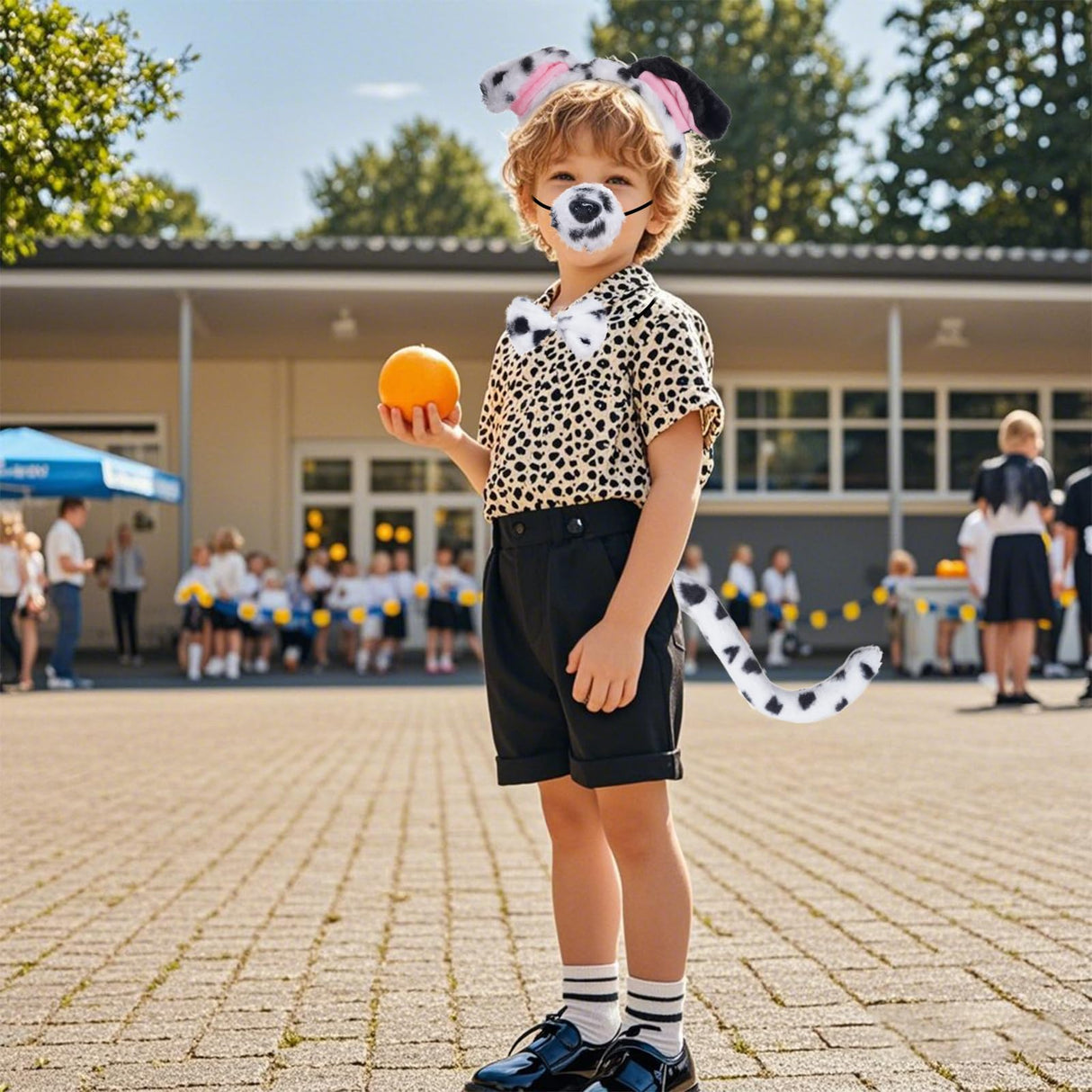 Jmkcoz 4 Pcs Dalmatian Dog Costume Set Dalmatian Puppy Dog Ears Headband Tail Nose Bow Tie for Halloween Animal Cosplay Party (White & Black)