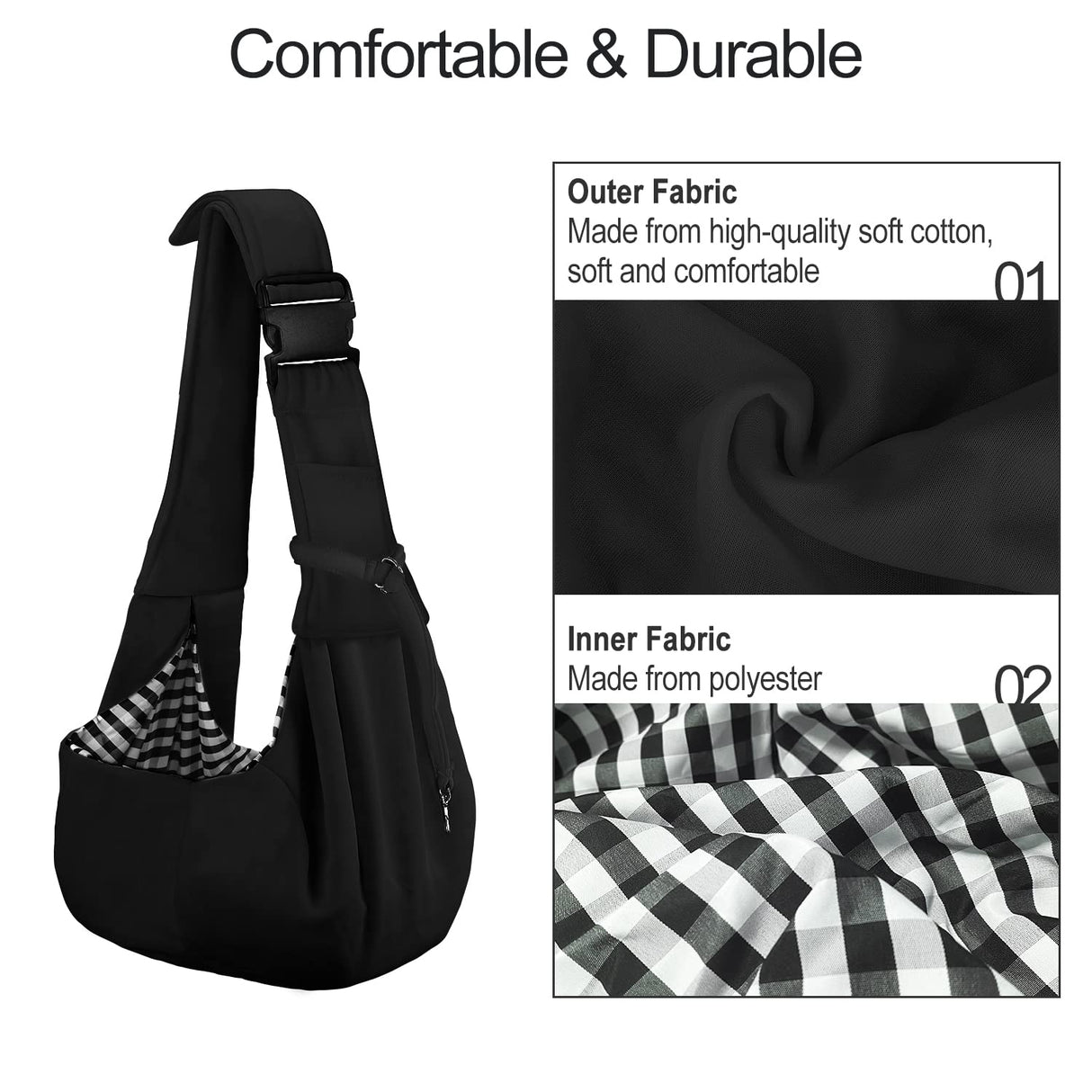 PETLOFT Reversible Dog Cat Sling Carrier, Small Dog Carrier, Adjustable Dog Sling, Hands Free Cross Body Carrier with Collar Hook for Dog/Cat/Bunny up to 11lb, Black