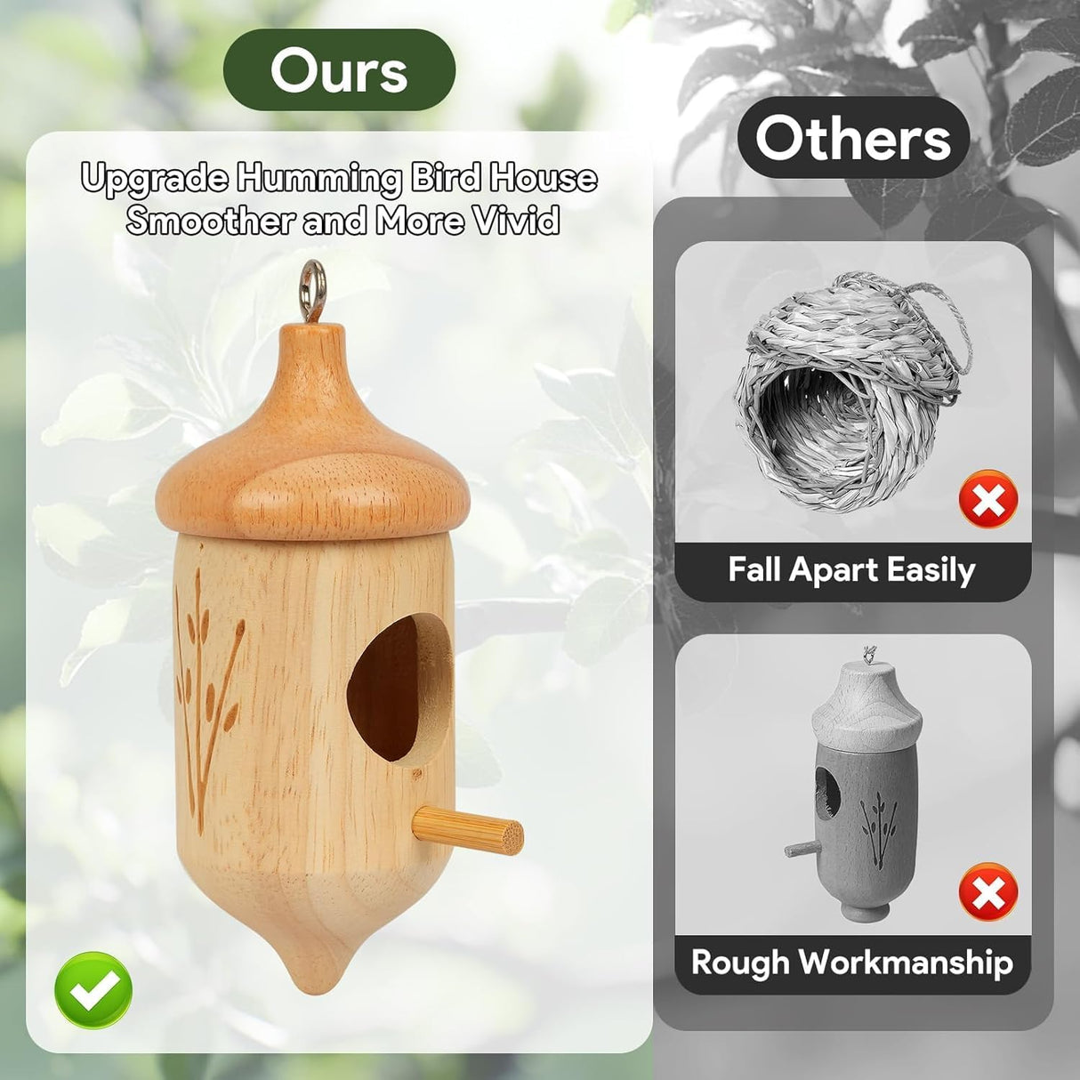 Hummingbird House, Small Hummingbird Houses for Outside, Wooden Bird House with Bow, String, Cute Gardening Gifts Home Decoration (Style-3, 1 Pack)