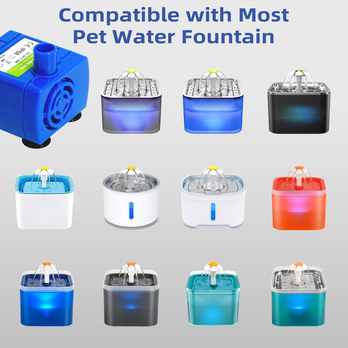 IP68 DR-DC160 submersible water pump Cat Water Fountain Pump for Tritone Ceramic, Stainless Steel, Round Flower Cap Cat Fountains, Automatic Pet Water Dispenser Replacement Pump (With LED)