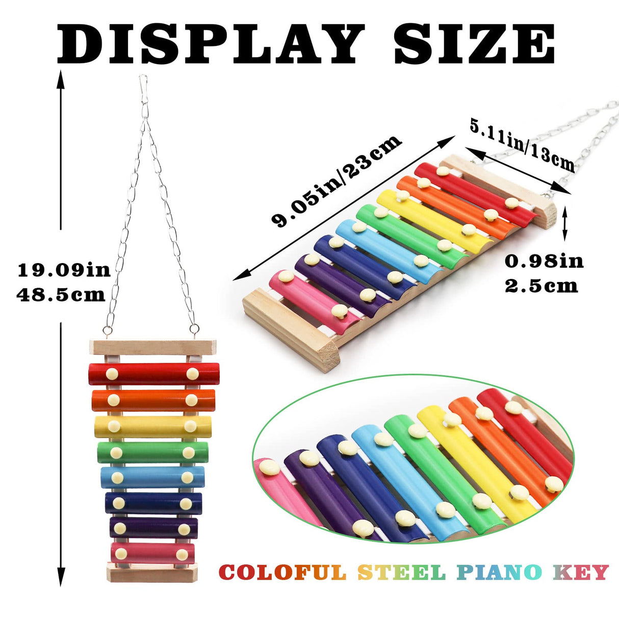 Dnoifne Colorful Bird Xylophone Toy, Suspensible Funny Xylophone Toy with 8 Metal Keys, Cage Accessories for Chicken Birds Parrots Parakeets Cockatiels Budgies Love Birds