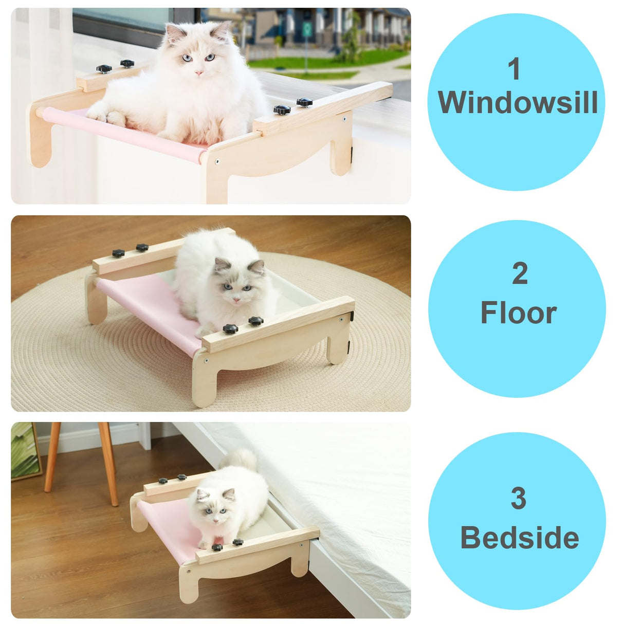 COODIA Cat Window Perch, Wooden Window Perch for Cats Inside, 2 in1 Cat Hammock for Window, Versatile Cat Window Bed, Multi Installation Place Window Cat Bed for Windowsill Bedside Drawer and Cabinet