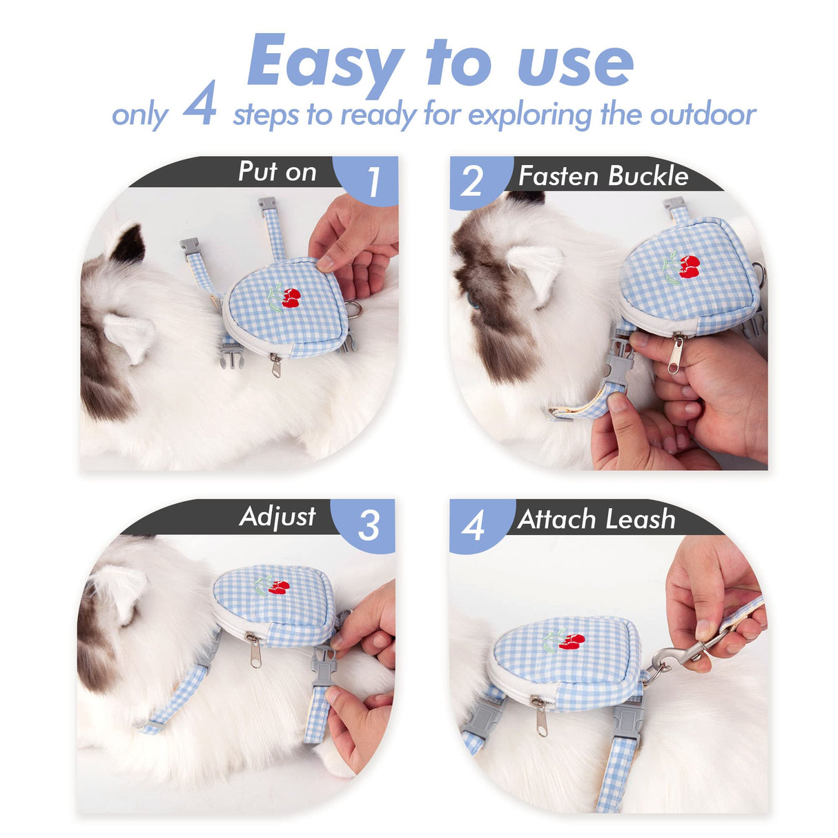 Kaqipeet Escape-Proof Cat Harness and Leash Set - Adjustable and Breathable Vest for Walking, Easy Control and Comfortable Backpack Jacket for Cats Blue (Small)…