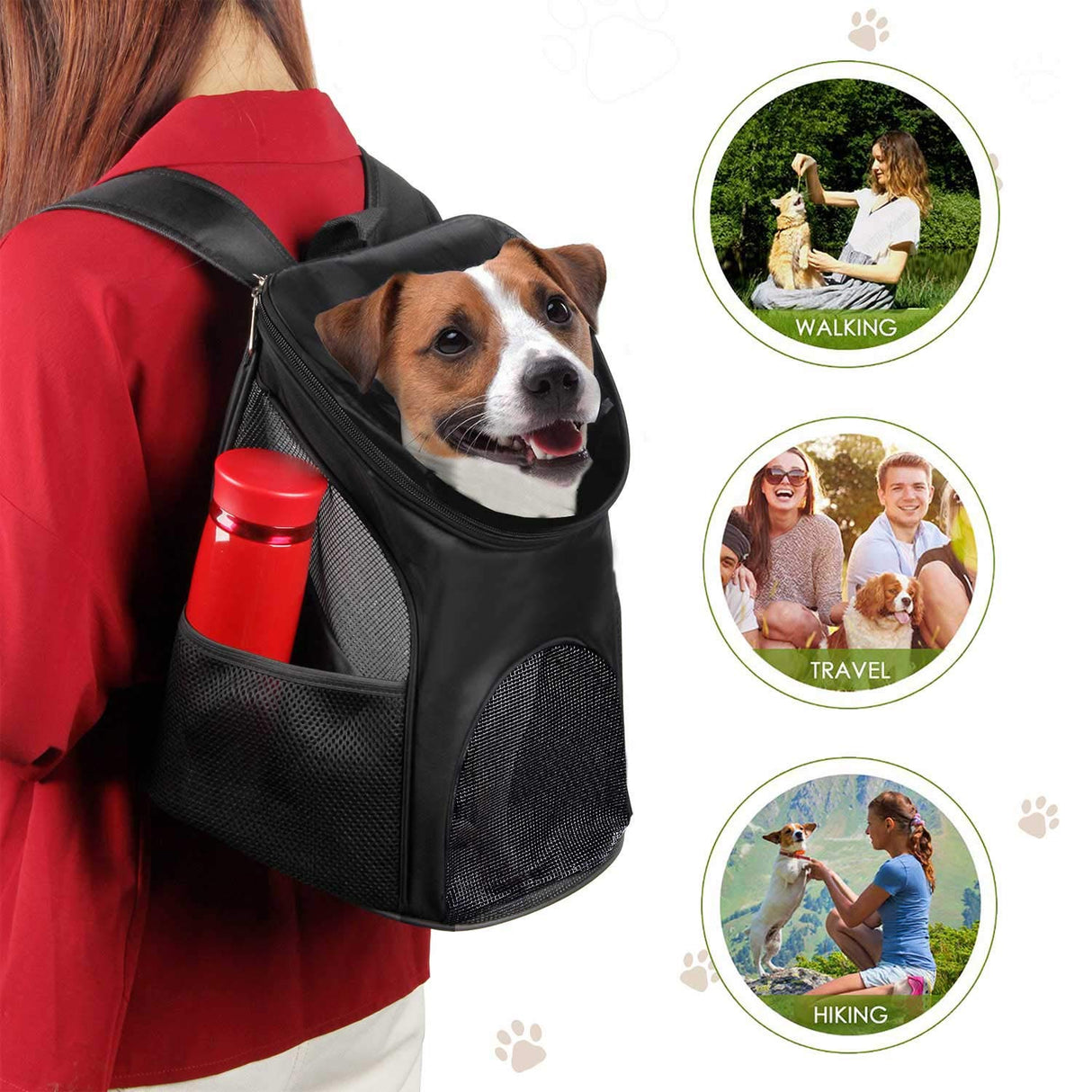 Dog Carrier Backpack Breathable for Small Pets/Cats/Puppies, Pet Carrier Bag with Mesh Ventilation, Safety Features and Cushion Back Support, for Traveling, Hiking, Camping, Walking & Outdoor, Black