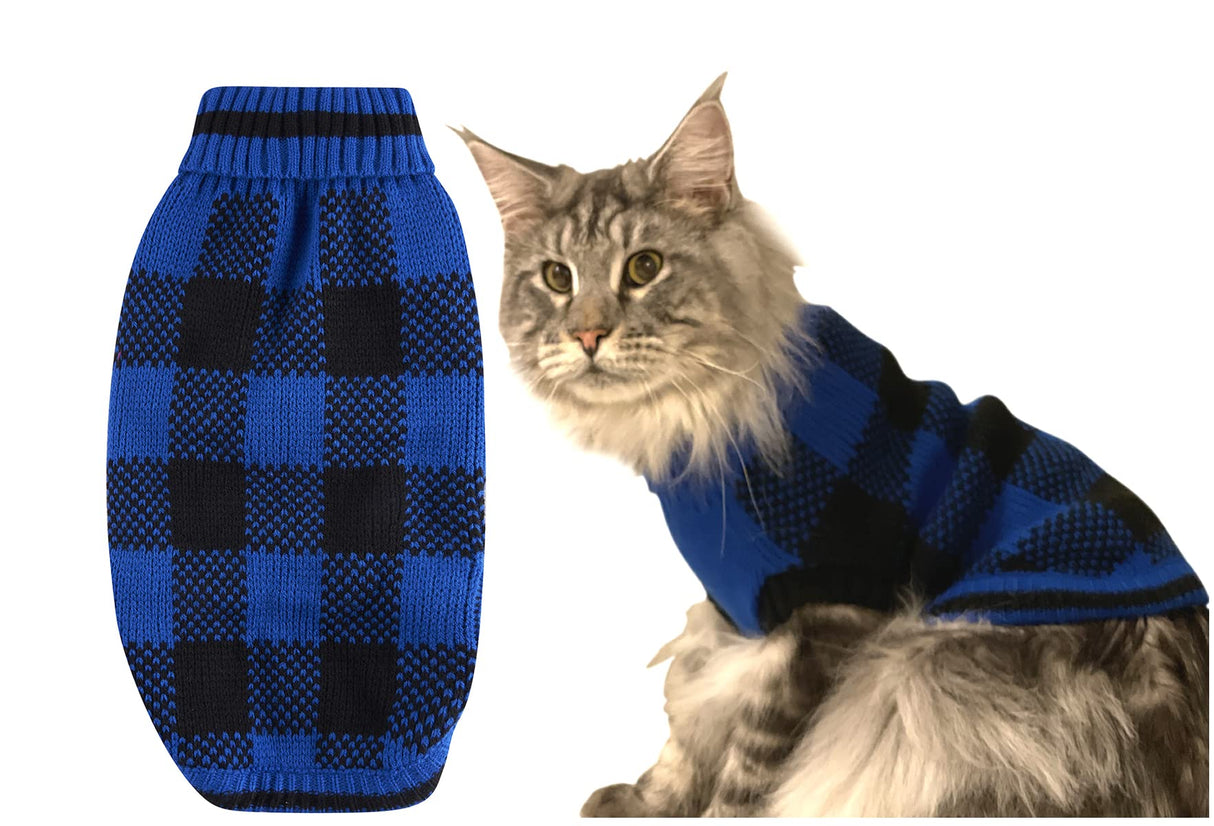 Blue Black Plaid Holiday Festive Turtleneck Pet Sweater for Small Dogs, Cat Warm Coat Apparel, Winter Knitwear Pet Clothes for Cold Weather Small (S) 12" Back Length
