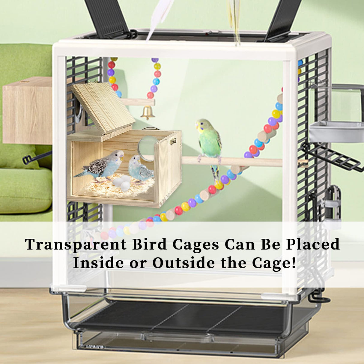 MUYG Transparent Parakeet Nesting Box,Wooden Parrot Nest Breeding Box with Perch Natural Bird House for Cage Suitable for Lovebirds Cockatiels Canaries